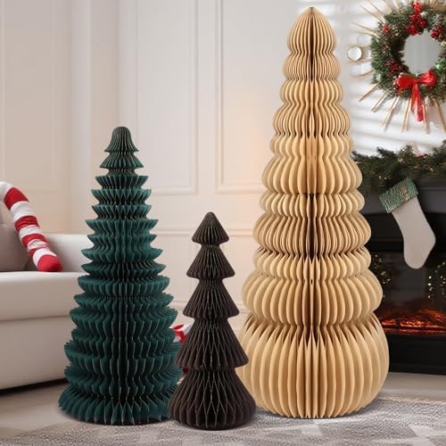 3 Pcs Large Honeycomb Christmas Tree,Classic,Beige, Green, Brown