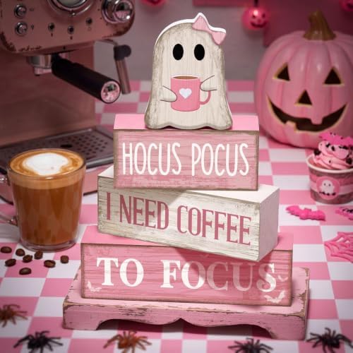 Moucuny 4 Pcs Pink Halloween Table Decor Ghost Wooden Stacked Block Decor