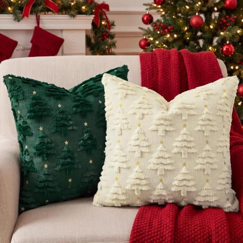Softalker Christmas Pillow Covers 16x16 Set of 2, Beige Xmas Tree Decor