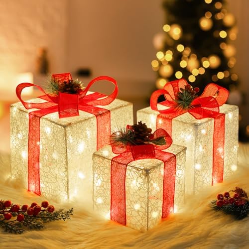 Set of 3 Lighted Boxes, White Lace Indoor Holiday Decor