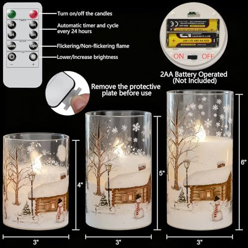Snowman Glass Flameless Candles Battery Operated with Remote and Timer Real Wax LED Flickering Pillar Candles White Cold Light Window Christmas Holiday Decor D3 x 4",5",6"