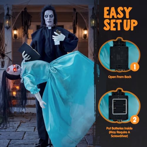 JOYIN 69" Halloween Animatronic Decorations Outdoor Exorcist Priest and Levitating Girl, 2 Pcs Sound Activated Life-Size Prop with Floating Movement, Scary Haunted House Props for Garden Yard Lawn