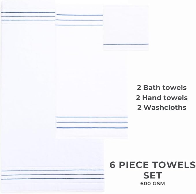 Bath Towels Set for Bathroom – Luxury 6-Piece Cotton Towels, Soft Absorbent & Quick Dry, 600 GSM Bath Towels for Bathroom, Hotel Spa Quality (White/Aqua Green, 6- Bath Towel Set)