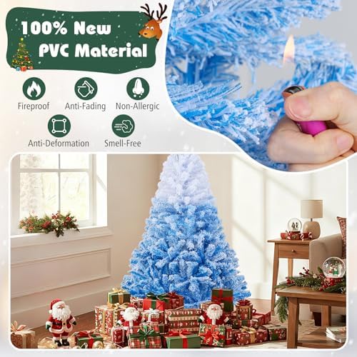 HAPPYGRILL 5 FT Pre-lit Flocked Christmas Tree Blue Hinged Xmas Tree with 456 Branch Tips, 180 Warm White LED Lights & Folding Metal Stand, for Home Office Carnival