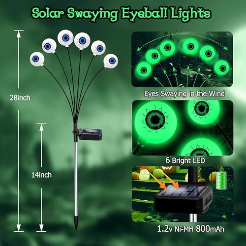 Kohlrabi Halloween Decorations Outdoor, 8 Pack 48 LED Solar Scary Eyeball Swaying Lights, Green Solar Firefly Light Waterproof Outdoor Garden Lights for Halloween Yard Garden Lawn Party Flower Bed