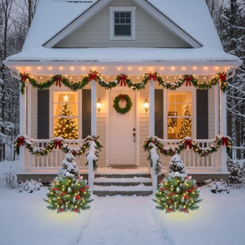 2 Pack Artificial Christmas Urn Filler, Pre-lit Lighted Christmas Tree