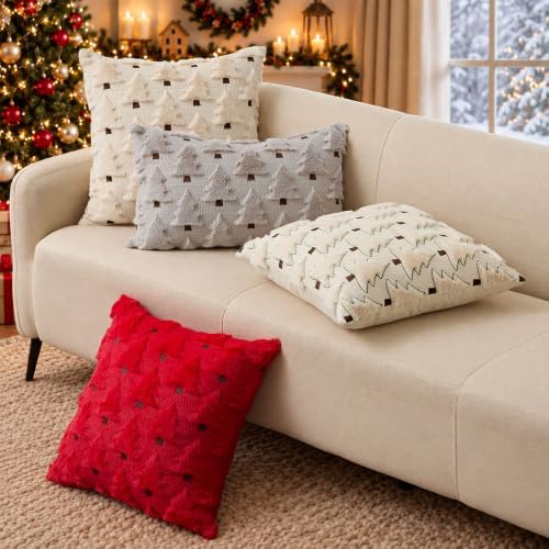 Allorry Christmas Pillow Covers 12x20 inch Set of 2 Grey Christmas Decorations Soft Plush Faux Fur Wool Christmas Tree Throw Pillow Cases Winter Holiday Decor for Sofa Living Room PT002I12