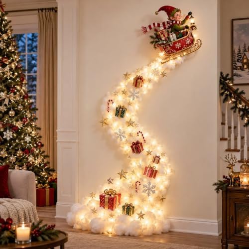 Christmas Magic Trail Wall Light -3D LED Glowing Christmas Scene Wall Decoration, Santa Sleigh Reindeer Hanging Decoration Indoor Holiday Decor for Living Room, Festive Xmas Gift，North Pole Elf