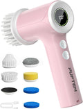 PUFTEM Shower Scrubber, Electric Spin Scrubber for Bathroom Cleaning – Cordless Shower Cleaner Brush with 6 Brush Heads, Dual-Direction Rotation, for Grout, Tile, Tub, Sink & Corners, Pink