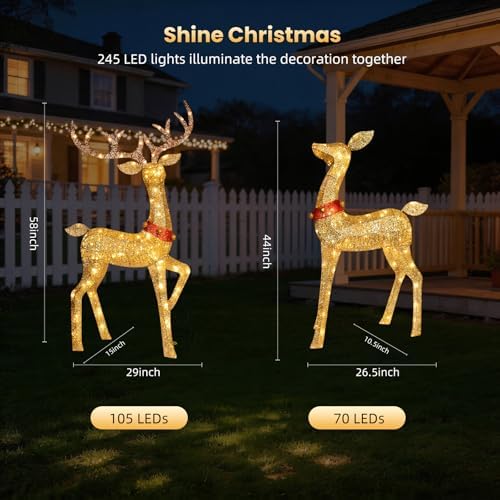 Christmas Deer Outdoor Decorations - 4 Piece 3D Lighted Deer Family Set with 245 LED Lights, Yard Christmas Decor with Stakes for Front Yard, Lawn, Garden, Porch, Holiday - Gold
