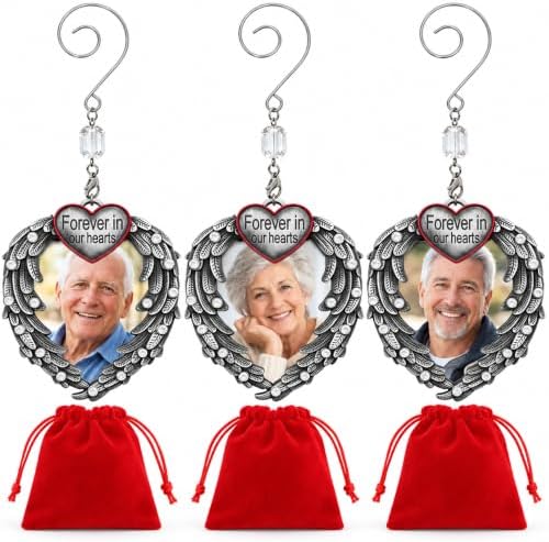 Memorial Photo Ornament for Loss of Loved One, Forever in Our Hearts Silver Heart Ornament with Angel Wings, Personalized Picture Memorial Christmas Ornament, Sympathy Gift, 3 Pack with Storage Bag