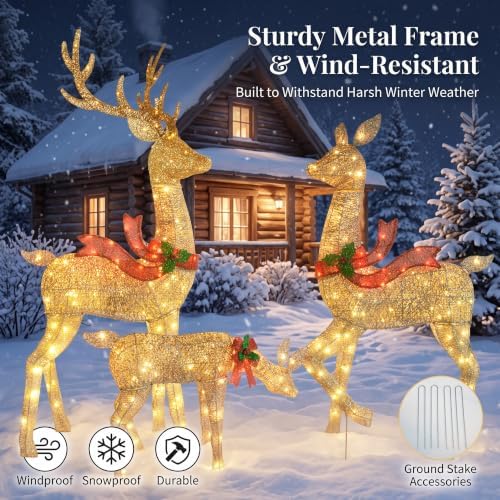 5.2FT Animatronic Christmas Reindeer Family Set - 3Pcs Large Lighted Christmas Deer with 300 LEDs & 3 Motors, Moving Heads and Stakes for Christmas Decorations Outdoor Yard - Gold