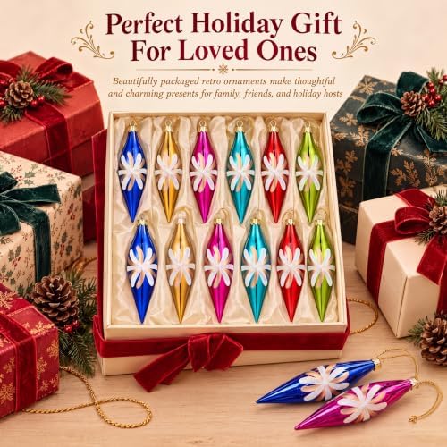 Soaoo 12 Pack Vintage Glass Icicle Christmas Ornaments, Multicolored