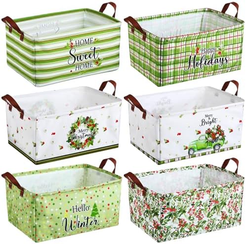 CHENGU 6 Pack Christmas Storage Basket Collapsible Christmas Tree Basket for Gift Green Truck Holiday Decor Large Flower Wreath Bin Foldable Hello Winter Dotted Box with Handle for Bedroom Office Home