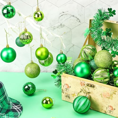 Lunmon 64 Pcs St. Patrick's Day Ball Ornaments Glitter Matt Lime Green Assorted Plastic Irish St. Patrick's Day Decoration for Xmas Tree & Party Supplies