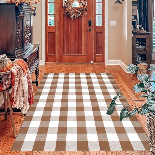 Homydecor Buffalo Plaid Outdoor Rugs, 4'x6' Coffe and White Checkered Area Rug, Layering Rug for Hello/Welcome Door Mat, Washable Cotton Woven Farmhouse Mat for Front Porch Décor