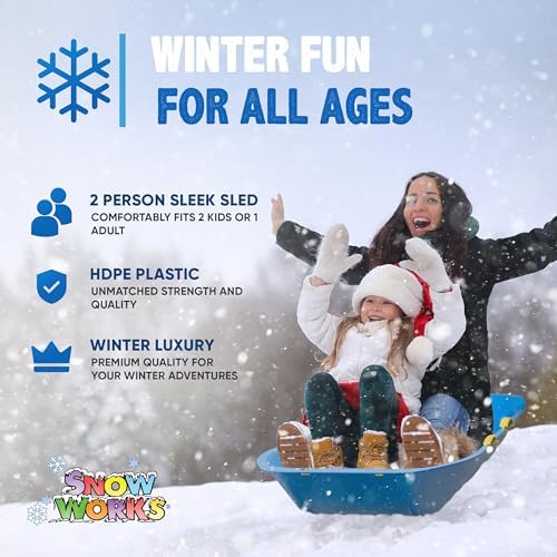 47.5" Toboggan Lifetime Sled: Durable High-Density Plastic Sleds for Adults, Kids, and Teens 2 Person Snow Sleds for Kids and Adults W/Handles and Pull Rope