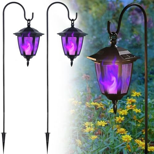 Dynaming 2 Pack Solar Halloween Flame Hanging Lights Outdoor, Flickering Flame LED Garden Lanterns with 2x38 Inch Shepherd Hooks, Landscape Lighting Waterproof for Lawn Yard Pathway Driveway, Purple