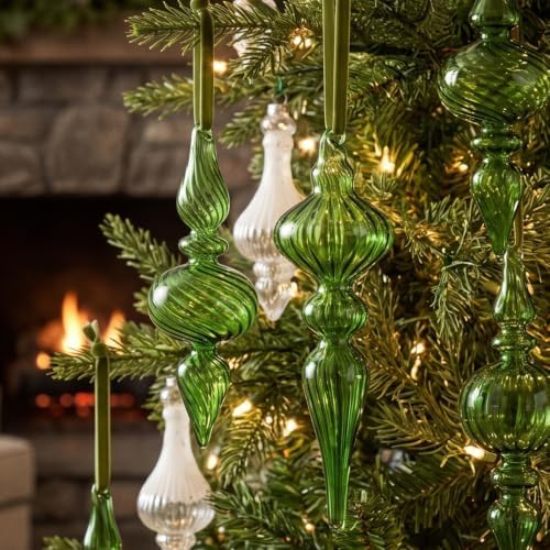 12 Pcs Vintage Glass Finial Christmas Ornaments, Green