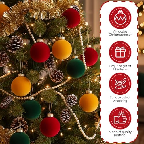 Gemscream 30 Pcs Velvet Christmas Balls, 3.15" Flocked Blue Ornaments, Red