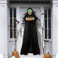 71” Halloween Hanging Animated Skeleton Ghost Decoration with Sound Activated, Candy Dish, Glowing Eyes, Spooky Sounds for Halloween Haunted House Prop and Party Decor, Indoor/Outdoor Display