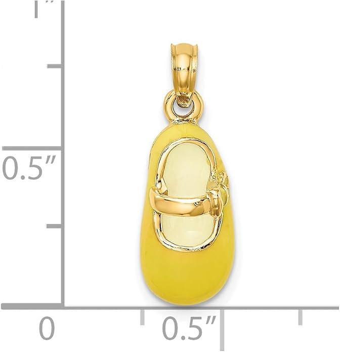 14k Yellow Gold Enamel Shoe Charm, 3D Keepsake Pendant | 16 x 8 mm shoe, 22 mm with bail, yellow and white enamel, polished solid 3D design, 2.66 g