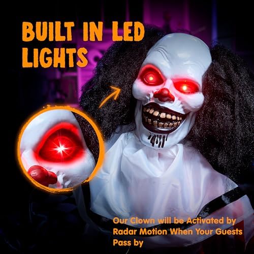 JOYIN Halloween Animatronics Clown Holding Doll, Life Size Halloween Decoration Outdoor with Motion & Sound & Light, IR Sensor Activated Animated Decor for Party Supplies Haunted House Yard Lawn