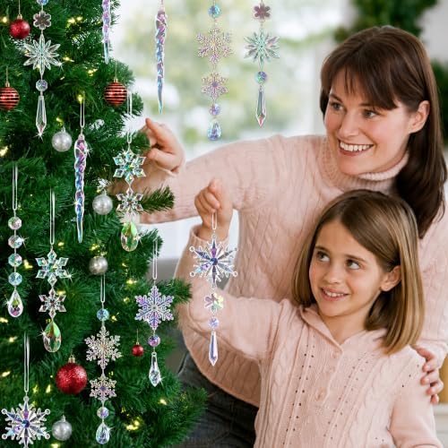 Crystal Christmas Tree Ornaments, 18pcs Iridescent Acrylic Snowflake Icicle