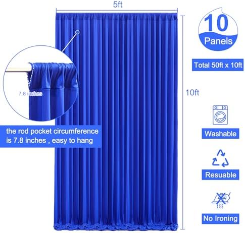 10 Panels Royal Blue Backdrop Curtain for Wedding Parties Wrinkle Free Blue Photo Curtains Backdrop Drapes Fabric Decoration for Birthday Party Baby Shower 50ft(W) x 10ft(H)