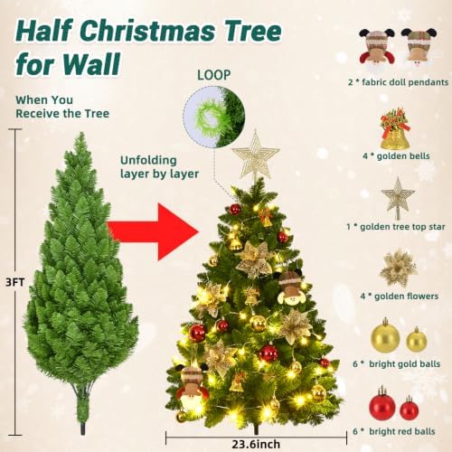 3 FT Wall Christmas Tree, Dark Green Half Christmas Tree Wall Hanging, DIY 1/2 Chrismas Tree for Window with Lights, Ornaments and Hooks, Hainging Xmas Tree for Door, Pet Owners Xmas Decor