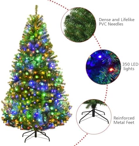 HAPPYGRILL 6 FT Pre-Lit Artificial Christmas Tree, Artificial Hinged Tree with 350 LED Lights, 1000 PVC Branch Tips and Foldable Base, Premium Spruce Tree with 11 Color Modes for Holiday Decor