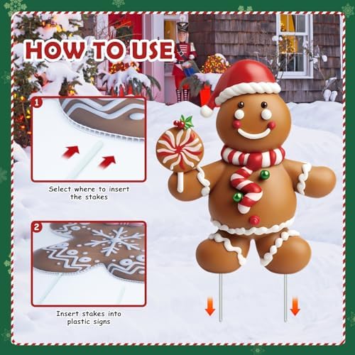12 Pcs Christmas Gingerbread Man Yard Signs with Stakes - Xmas Gingerbread Yard Stakes Lawn Signs for Christmas Holiday Pathway Garden Patio Party Favors