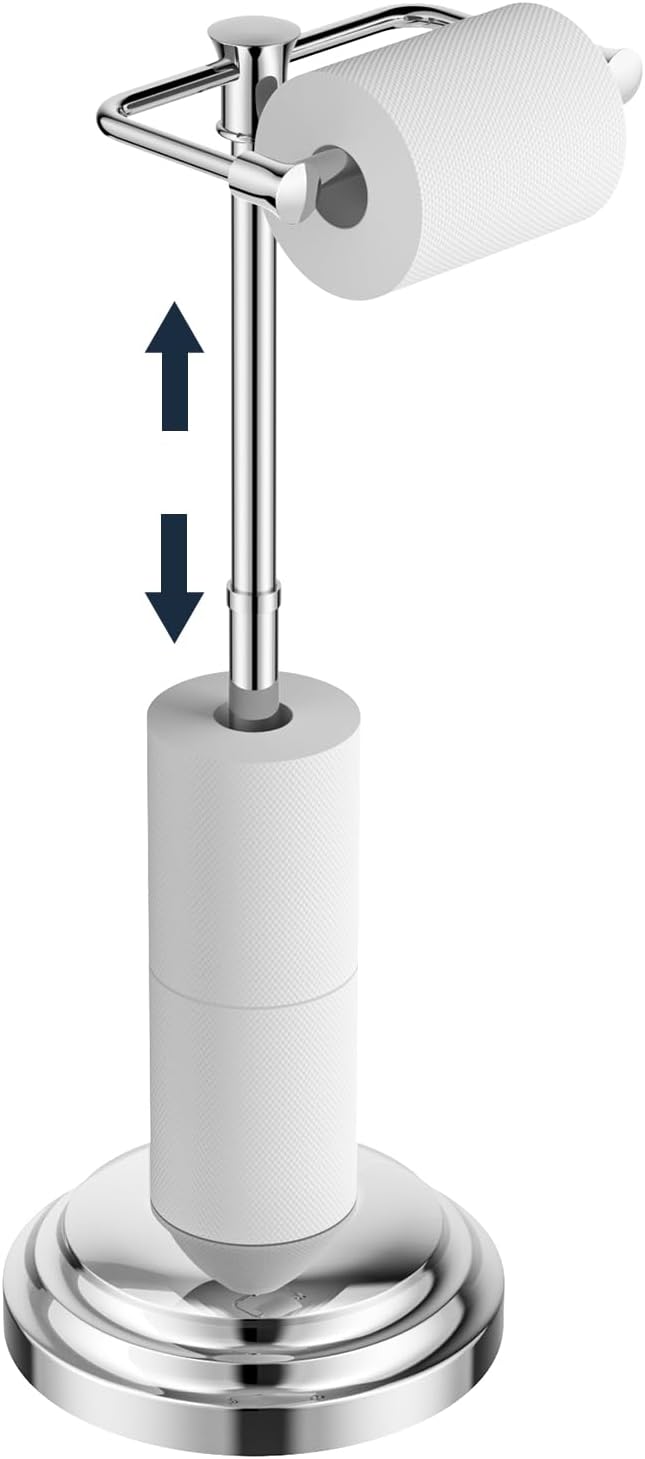 Bathroom Toilet Paper Holder Stand, Polished Chrome Toilet Paper Holder Free Standing, Stainless Steel Pivoting Toilet Tissue Roll Holder，Adjustable Height (14 to 24 Inch) Paper Holder