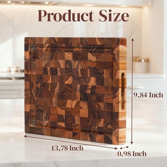 Teak Wood End Grain Cutting Board 13.8 x 9.8 Inch, Solid Wood Kitchen Cutting Board for Meat & Daily Prep, Knife-Friendly Cutting Board with Juice Groove & Handle by New M Way
