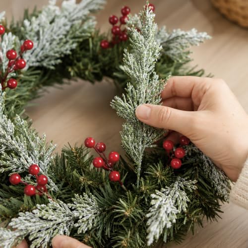 80 Pcs Artificial Christmas Snow Pine Branches Red Berry Stems Faux Sprigs