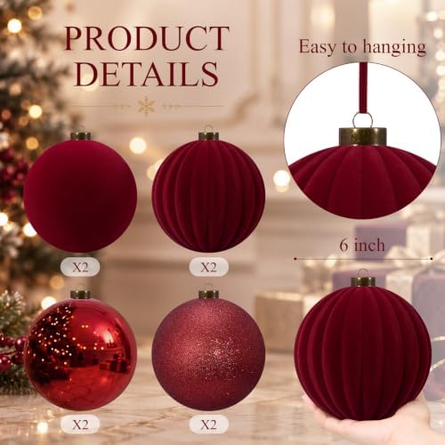 Liliful 8 Pcs 6 Inch Extra Large Christmas Ball Ornaments Decor, Burgundy