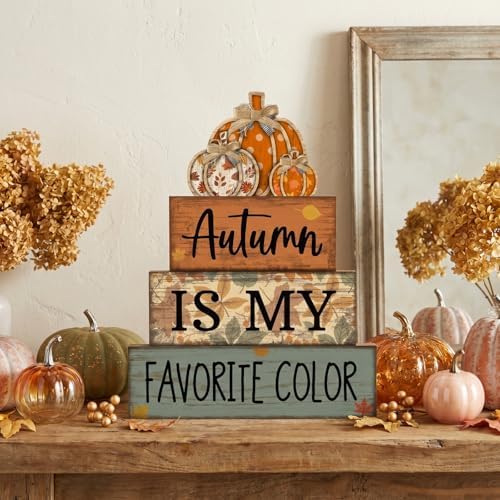 Lineshading 4 Pcs Fall Table Decor Wooden Pumpkins, Autumn Block Signs