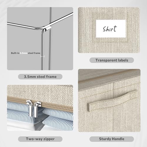 Clothes Storage Bins with Metal Frame, Clear Windows, 22L, Beige, 2-Pack
