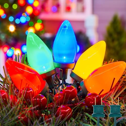 Brightown C9 LED Christmas String Lights, 2 Pack 66ft Multi-Color Outdoor Lights String with 100 Smooth Opaque Bulbs, Plug-in Vintage Roofline Lights String for Outside Patio Christmas Holiday Decor