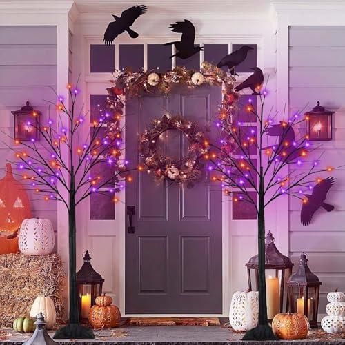 2 Pack 5FT Black Halloween Tree with 200 LED Orange and Purple Lights