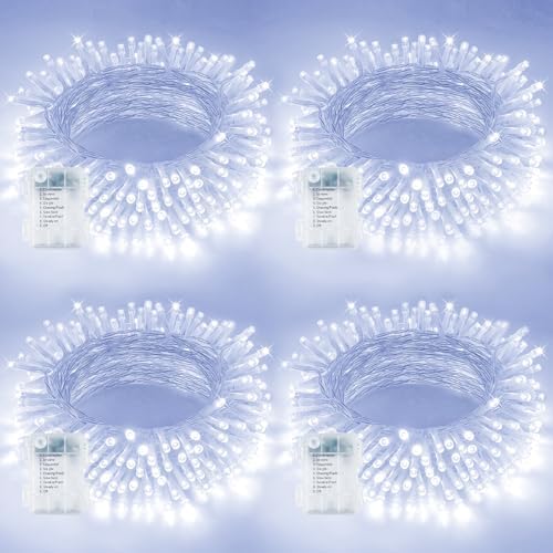 4 Pack 200 LED Battery Operated String Lights, Twinkle Lights Cool White
