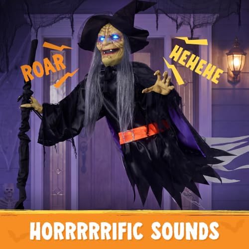 JOYIN Halloween Flying Witch Decor, Sound Activated Life-Size Halloween Decorations Outdoor Flying Witch with Broom, Glowing LED Eyes, Scary Haunted House Props for Garden Yard Lawn