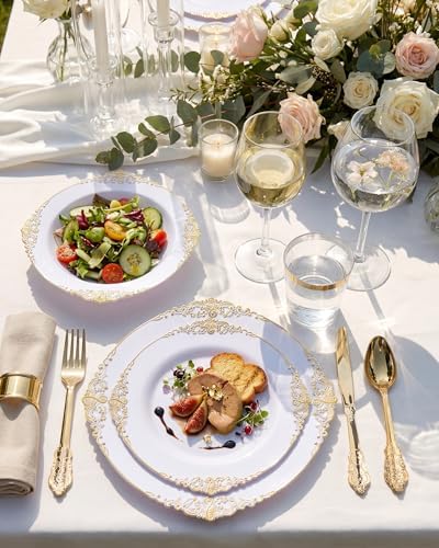 Nervure 700Pcs Gold Plastic Plates, Plastic Dinnerware Set for 100 Guests
