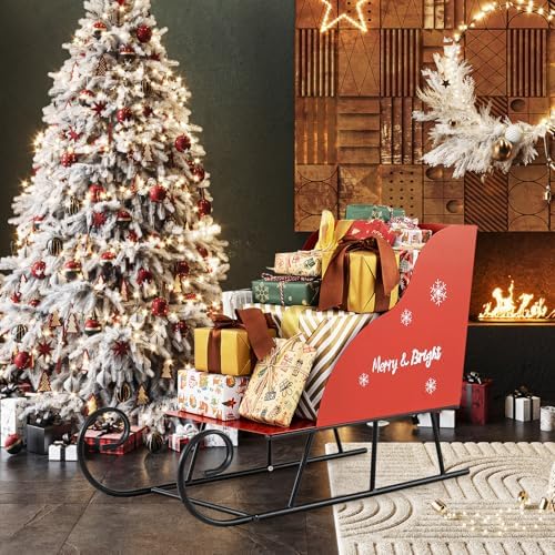 Tangkula Metal Christmas Santa Sleigh Basket, Xmas Santa’s Gift Storage Sleigh, Festive Decorative Sleigh Cart, Holiday Decoration for Home Office Carnival