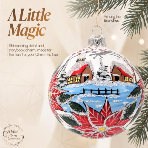 Polish Hand Blown Glass Christmas Ornaments Ball, Wintry Merry Xmas 5 in