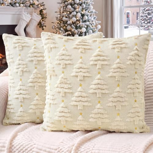Softalker Christmas Pillow Covers 18x18 Set of 2, Beige Xmas Home Decor