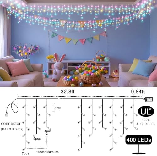400LED Christmas Icicle Lights Outdoor Waterproof, 8 Modes Twinkle Fairy Lights for Home Tree Room Decor, Pastel