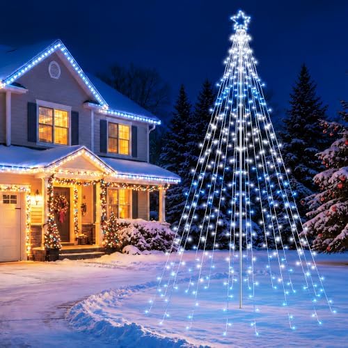 10 FT Outdoor Christmas Tree Lights, 408 RGB LEDs with Star, Pole & Remote