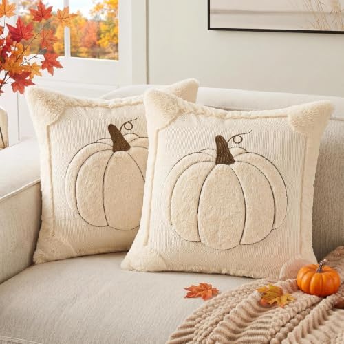 Fall Throw Pillow Covers 18x18 Set of 2 Double-Sided Beige Pumpkin Plush
