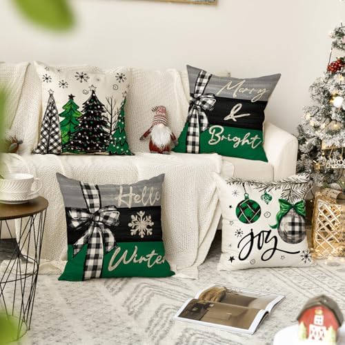 AVOIN colorlife Merry Christmas Joy Xmas Trees Green Throw Pillow Covers, 18 x 18 Inch Christmas Winter Holiday Cushion Case Decoration for Sofa Couch Set of 4